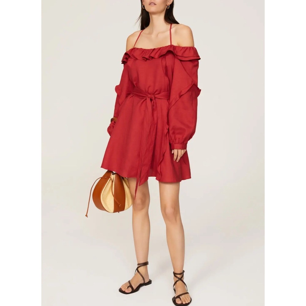 Marissa Webb Collective Red Off Shoulder Ruffle Dress Tie Waist‎ Medium